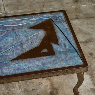 Brutalist Cement and Steel Inlaid Coffee Table