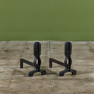 Pair of French Modernist Cast Iron Andirons