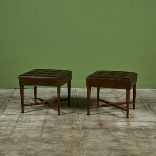 Pair of Edward Wormley Green Leather Ottomans for Dunbar