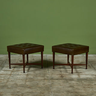 Pair of Edward Wormley Green Leather Ottomans for Dunbar