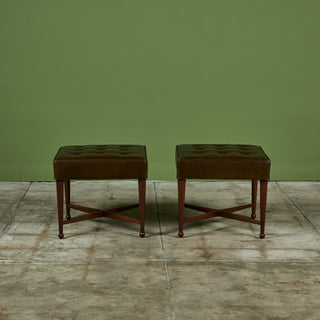 Pair of Edward Wormley Green Leather Ottomans for Dunbar