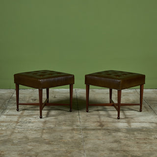 Pair of Edward Wormley Green Leather Ottomans for Dunbar