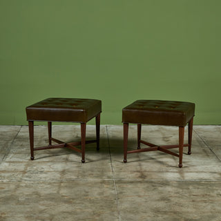 Pair of Edward Wormley Green Leather Ottomans for Dunbar