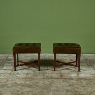 Pair of Edward Wormley Green Leather Ottomans for Dunbar