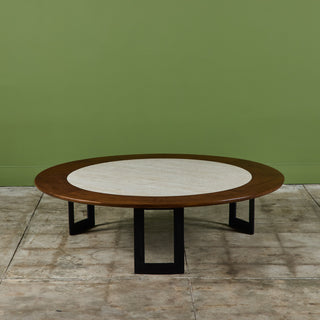 SJ Campbell Company Round Travertine and Walnut Coffee Table