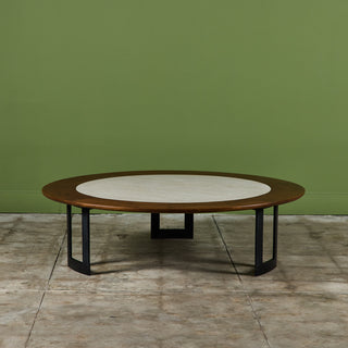 SJ Campbell Company Round Travertine and Walnut Coffee Table