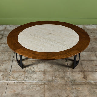 SJ Campbell Company Round Travertine and Walnut Coffee Table