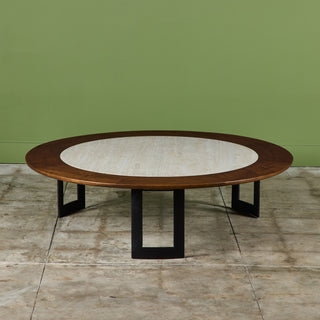 SJ Campbell Company Round Travertine and Walnut Coffee Table