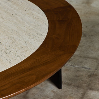 SJ Campbell Company Round Travertine and Walnut Coffee Table