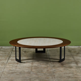 SJ Campbell Company Round Travertine and Walnut Coffee Table