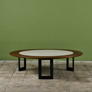 SJ Campbell Company Round Travertine and Walnut Coffee Table