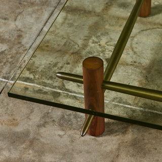 T.H. Robsjohn Gibbings Brass and Walnut Coffee Table with Glass Top for Widdicomb