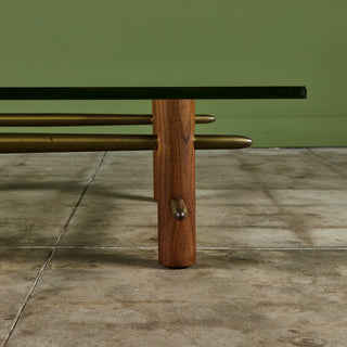 T.H. Robsjohn Gibbings Brass and Walnut Coffee Table with Glass Top for Widdicomb