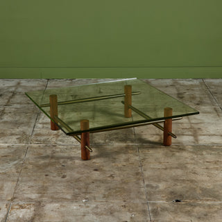 T.H. Robsjohn Gibbings Brass and Walnut Coffee Table with Glass Top for Widdicomb