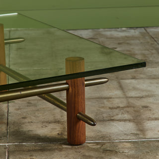 T.H. Robsjohn Gibbings Brass and Walnut Coffee Table with Glass Top for Widdicomb