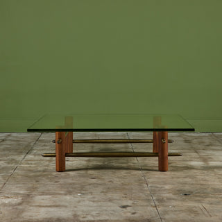 T.H. Robsjohn Gibbings Brass and Walnut Coffee Table with Glass Top for Widdicomb