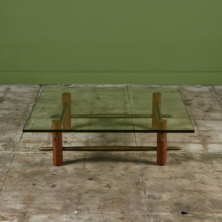 T.H. Robsjohn Gibbings Brass and Walnut Coffee Table with Glass Top for Widdicomb