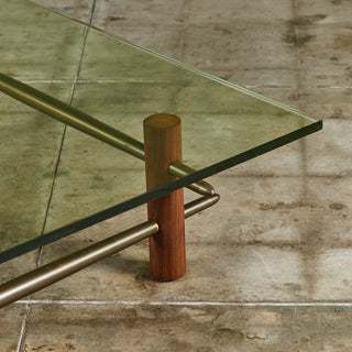 T.H. Robsjohn Gibbings Brass and Walnut Coffee Table with Glass Top for Widdicomb