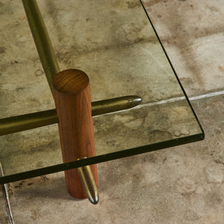 T.H. Robsjohn Gibbings Brass and Walnut Coffee Table with Glass Top for Widdicomb