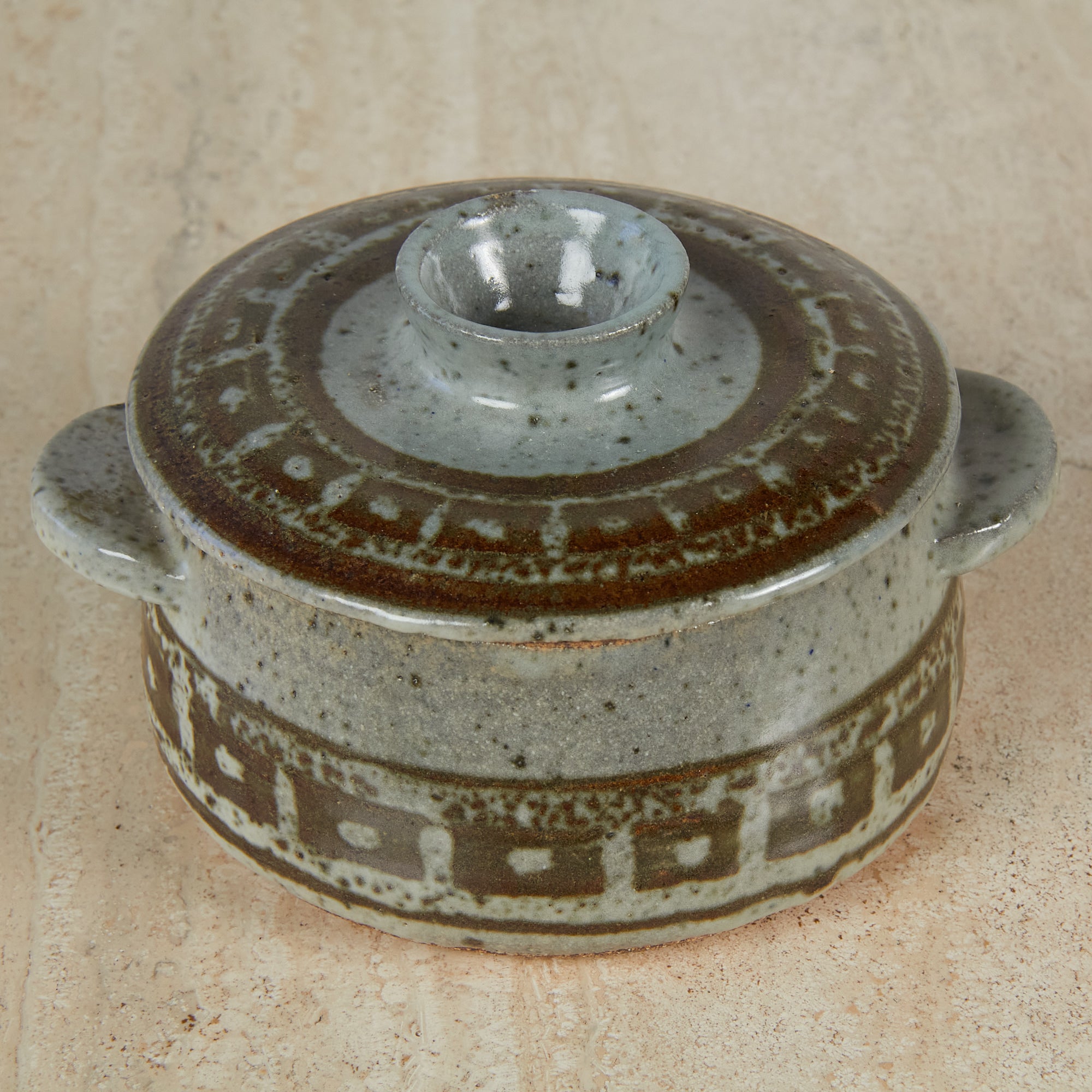 Vintage Stoneware Studio Pottery Pot with Lid and Handle Casserole Dish